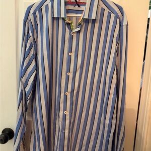 Robert Graham Blue and White Striped Button Down Shirt Plus Size
